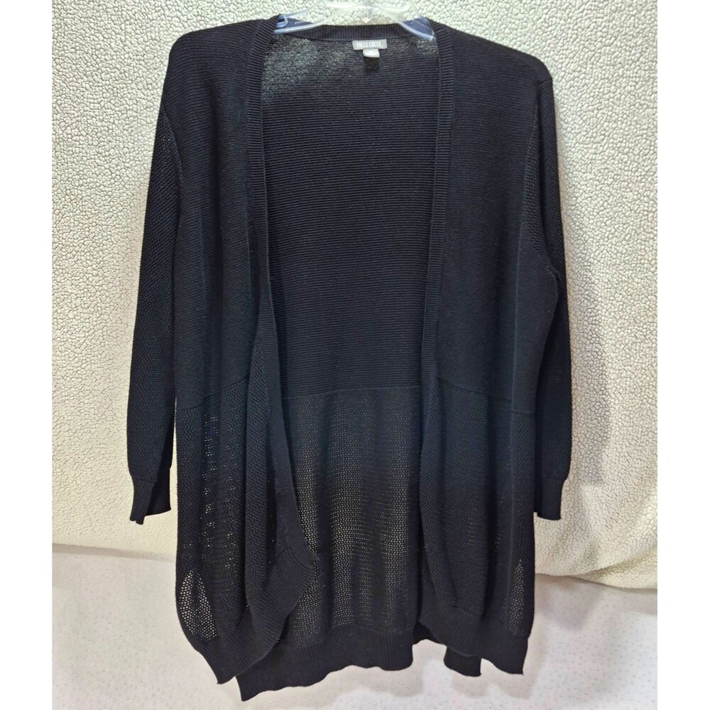 Falls Creek Black Open Front Knit Cardigan Size 1X Plus V-Neck 3/4 Sleeve